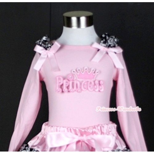 Light Pink Long Sleeves Top with Princess Print With Damask Ruffles & Light Pink Bow TW319 